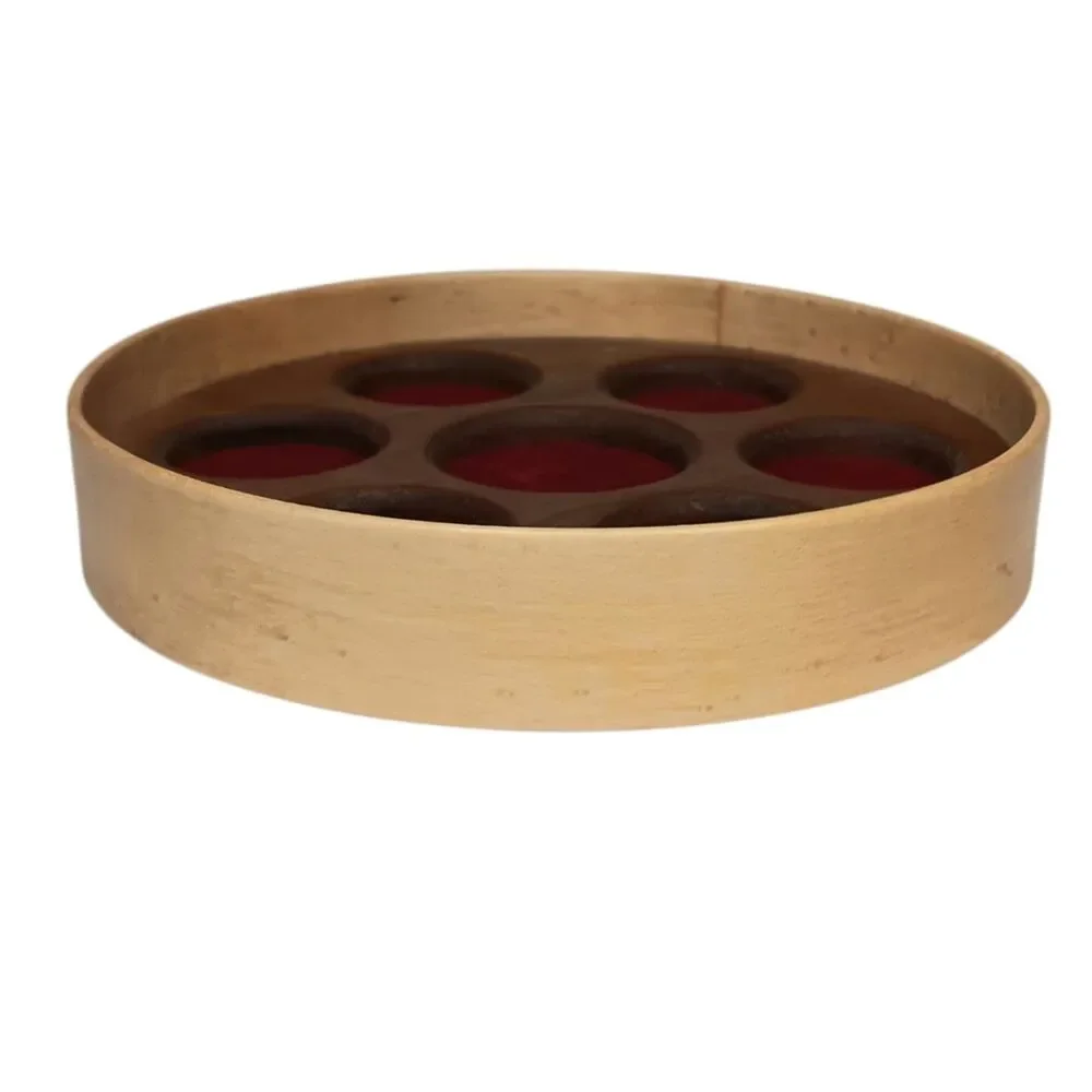 Vintage Handmade Wood Ring Holder Tray with 7 Red Velvet Lined Compartments 5x.5